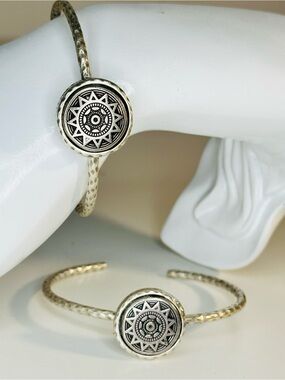 Hammered Pewter Cuff Bracelet with Sun Mandala Medallion